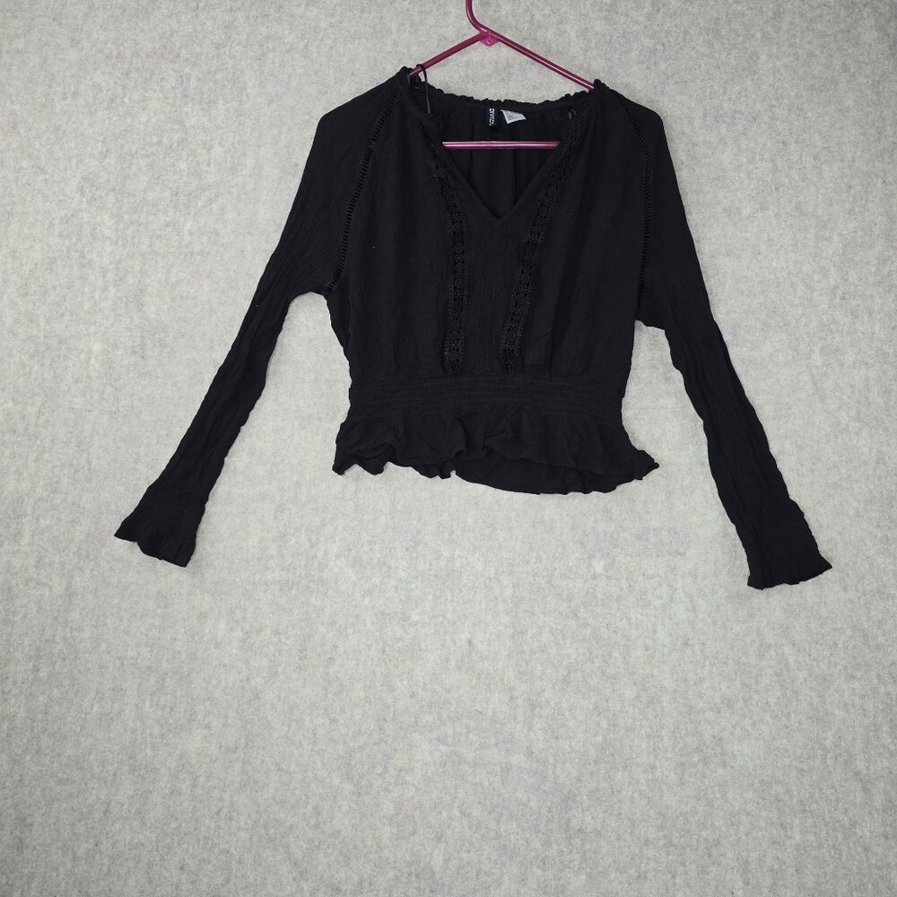 Divided Black Long-Sleeve Ruffle Hem Top Size 10 Viscose Crochet Trim